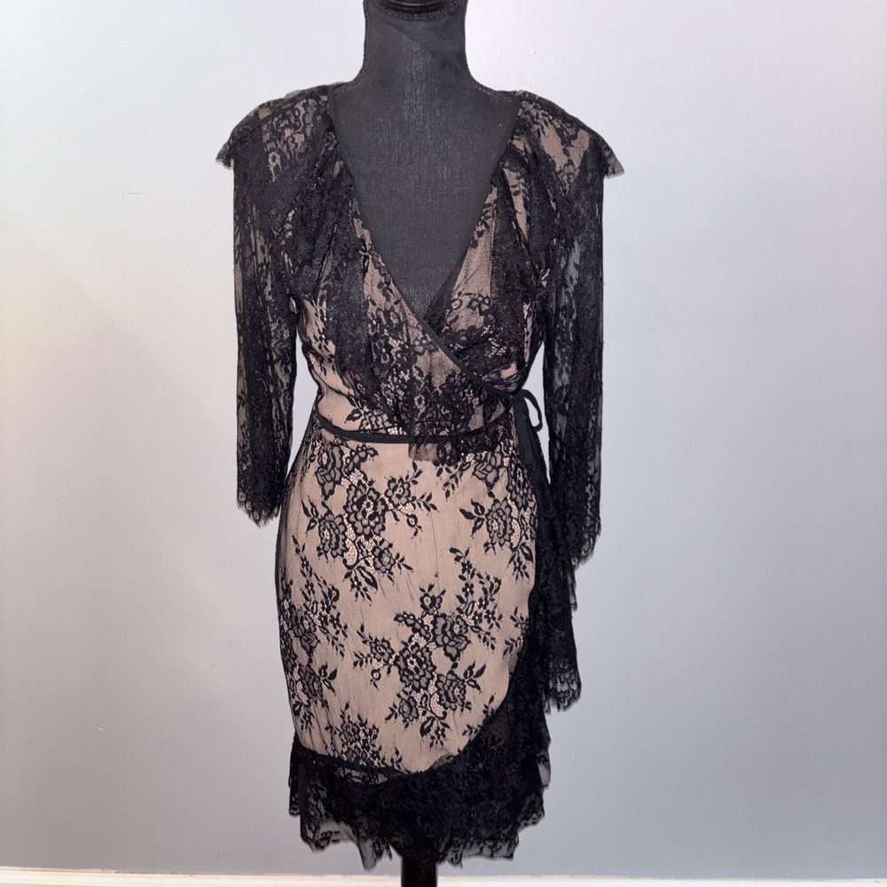 Francesca's Beige Black‎ Lace Overlay Wrap Dress Size Small Whimsigoth Witchy